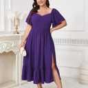 SCOMCHIC Womens Plus Size Wedding Guest Cocktail Dresses Sweetheart Neckline Short Sleeve Smocked Ruffle Slit Maxi Dress (Purple, XXXL)
