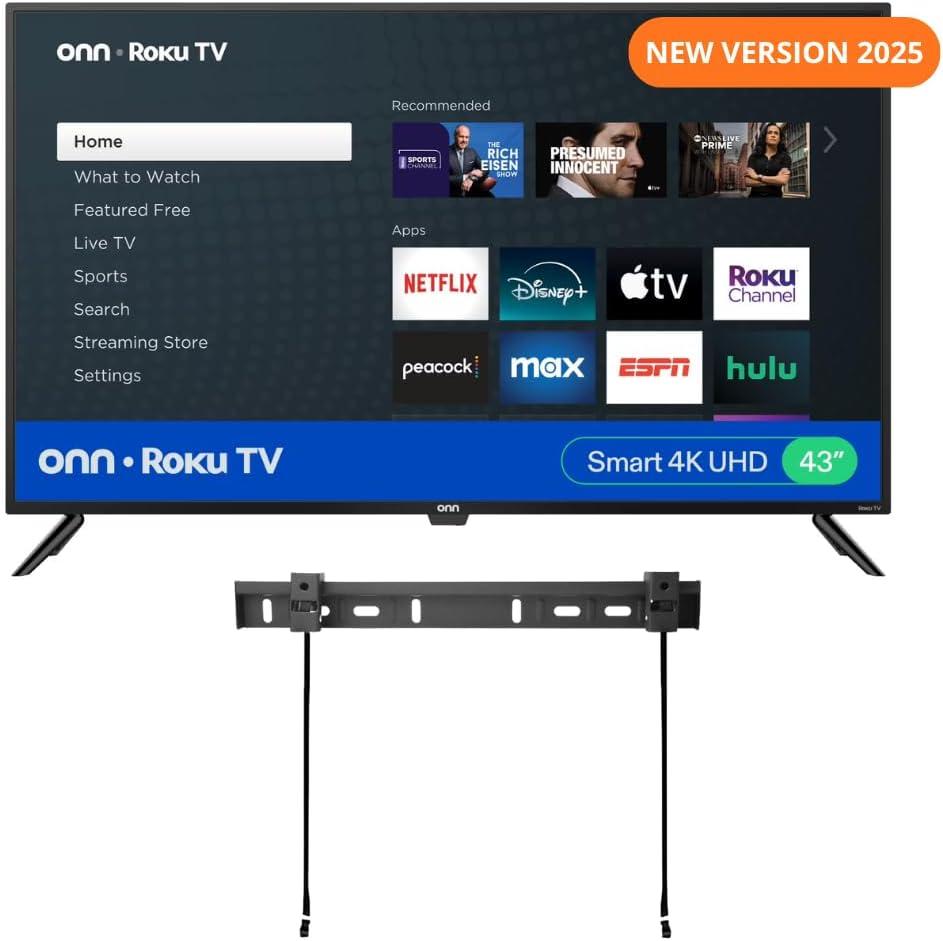 ONN 43-Inch Class 4K LED Smart TV + Free Wall Mount with Wi-Fi Connectivity and Mobile App | Flat Screen TV | Compatible with Apple Home Kit | Alexa 