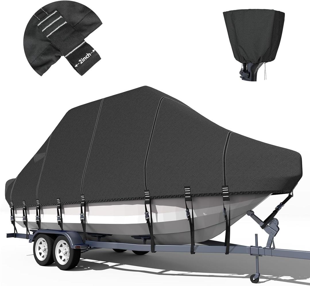 Trailerable T-Top Boat Cover 1200D Solution Dyed Hard Top/T Top Boat Cover with 19 Windproof Straps, Motor Cover Fit 19'-21' Long Beam Width Up to 106" Center Console Boat with T Top Roof (Black)