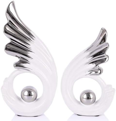 2PCS Abstract Ceramic Wing Sculptures, Modern Decor Art Figurines for Living Room Decorative Objects, Sculptures Home Decor Accent for Shelf, TV Stand, Bookshelf,Center Table Display (White Silver)
