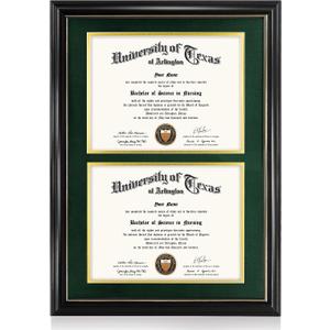 GraduationMall Double 8.5x11 Diploma Frame,Solid Wood & Tempered Glass,Black Finish with Gold Trim,Forest Green & Gold Mat