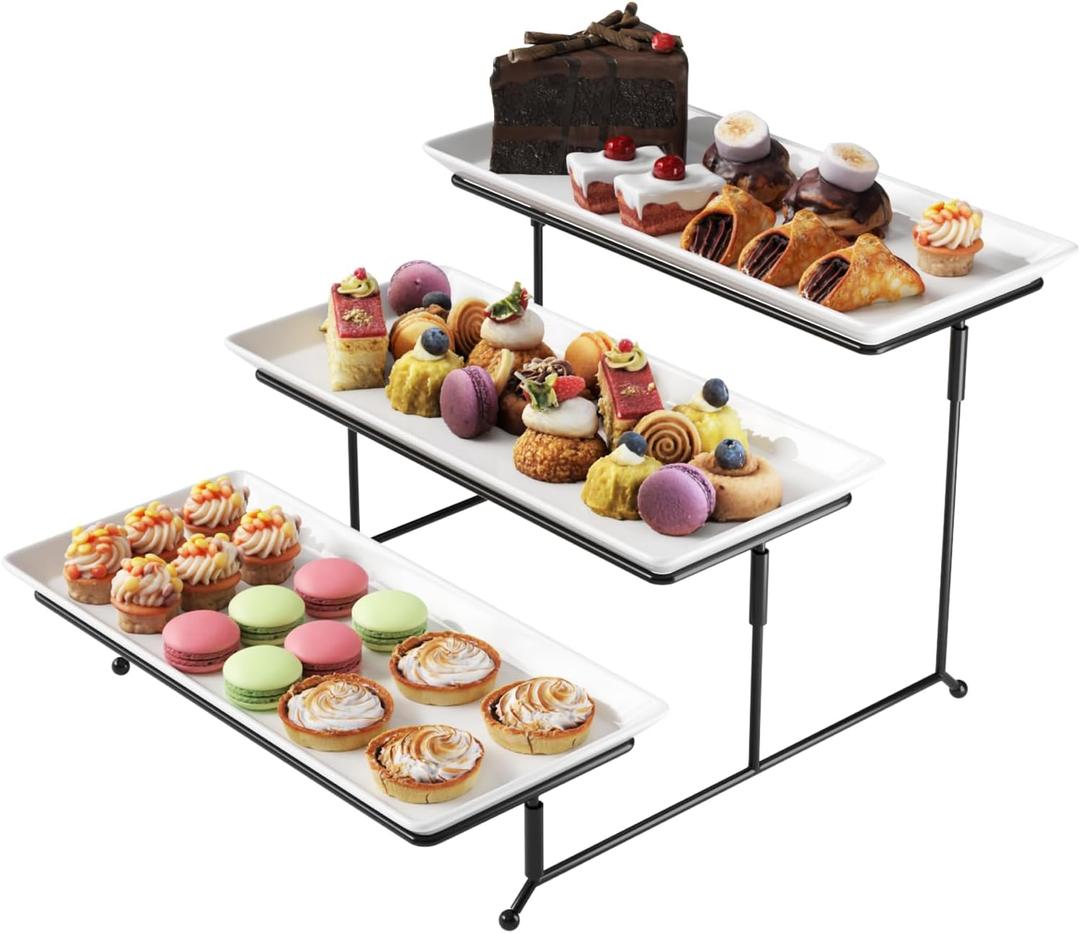 Gibson Home Gracious Dining Dinnerware, 3-Tier Rectangle Plate Set with Metal Stand, White