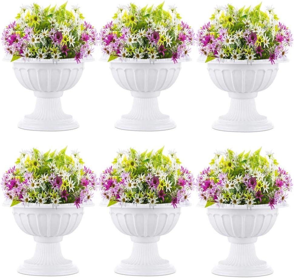 NUPTIO 6 Pcs Classic Urn Planter, 10.23 inch Tall Large Plastic Outdoor Urns Planters, Pedestal Flower vases Plant Pot, Resin Grecian Plants Pots for Garden Porch Front Door, White