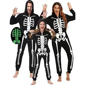 Veseacky Matching Family Pajamas Sets Skeleton Glow in Dark Jumpsuit Halloween Hooded One-Piece Zipper PJS Family Jammies. Size M, L