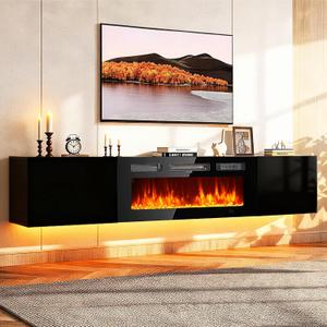 MXV 70'' Floating TV Stand, Modern Media Entertainment Center with 36" Electric Fireplace, TV Console Cabinet Wall Mounted, Adjustable 12-Color LED Lights, for Living Room, Black + Black