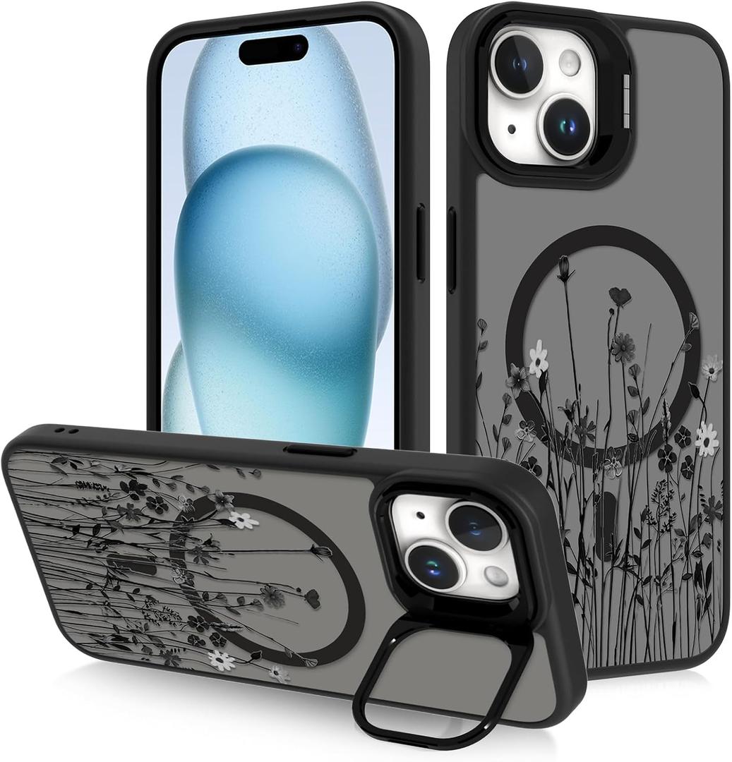 OOK Magnetic Case for iPhone 15 with KicstandCompatible with Magsafe Built-in Camera Stash Stand Slim Translucent Matte Case for iPhone 15, Black Wildflowers Pattern (6.7")