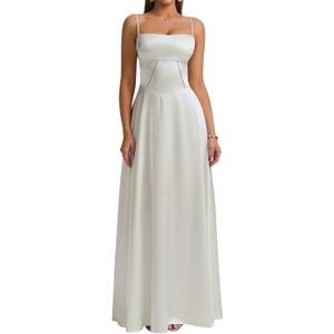 KUTUMAI Satin Maxi Dress Spaghetti Strap Lace Up Long Formal Dresses for Women Wedding Guest Cocktail Evening Prom (Medium, Ivory)