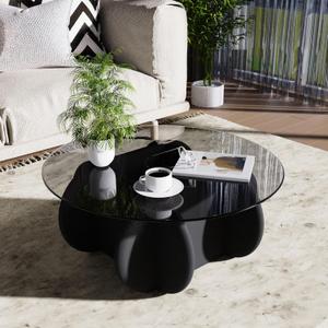 Black Glass Top Coffee Table Modern Elegant Round Coffee Tables with Solid Wood Legs and Tempered Glass Tabletop for Living Room Home Small Space Reception Office Tables 31.5"