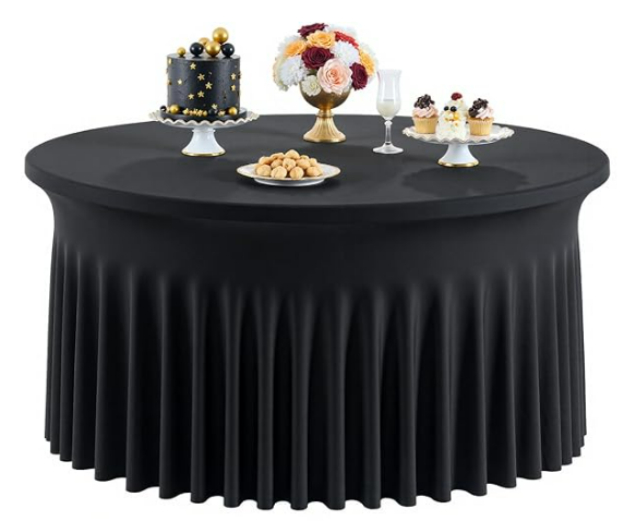 Outpain 6 Pack Black Round Spandex Tablecloth for 60 Inch/5FT Tables - Stretchy Table Cloth with Skirt, Wrinkle-Free Fitted Cloth for Wedding Vendor, Banquet & Graduation Decor (120" Round)