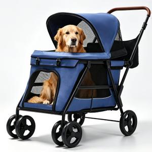 Dog Stroller for Large & Medium Dogs, Foldable Pet Stroller for 2 Small Dogs Up to 66lbs, with All-Terrain Wheels, Breathable Mesh Ventilation & Storage Pocket (Blue)