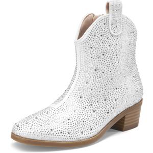 DREAM PAIRS Girls Cowgirl Cowboy Rhinestone Boots Ankle Low Heel Dress Booties (13 Little Kid, White)