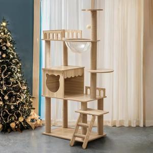 54-Inch Cat Tower, Multi-Level Pure Wood-Modern Cat Tree Tower with Condo, Cat Stairs, Bowl, 9 Sisal Scratching Posts, Top Perch, Toy Balls, Cat Tree for Indoor Cats Large Adult (KT-1022)
