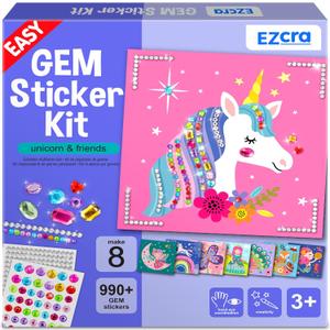 EZCRA Easy Arts and Crafts for Kids - Fun Gem Sticker Kit - 8 Unicorn Princess Themes, 990+ Stickers - Gem Art for Kids - Diamond Art Kits - Gifts for Girls Ages 3-8