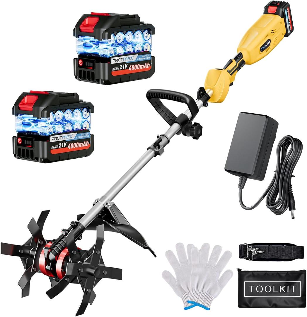 Cordless Tiller Cultivator, 21V 450RPM Electric Tiller with Battery Level Display, 2 * 4.0Ah Batteries & Charger, Tiller for Gardening, Lawn, Soil (Cultivation Width 10"/ Depth 9"), Yellow 