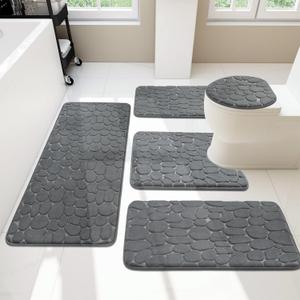 YIHOUSE Bathroom Rugs Mat Set 5 Piece Dark Grey, Memory Foam Bath Mats Sets, Non Slip Water Absorbent Washable Bath Rugs for Sink, Toilet and Floor