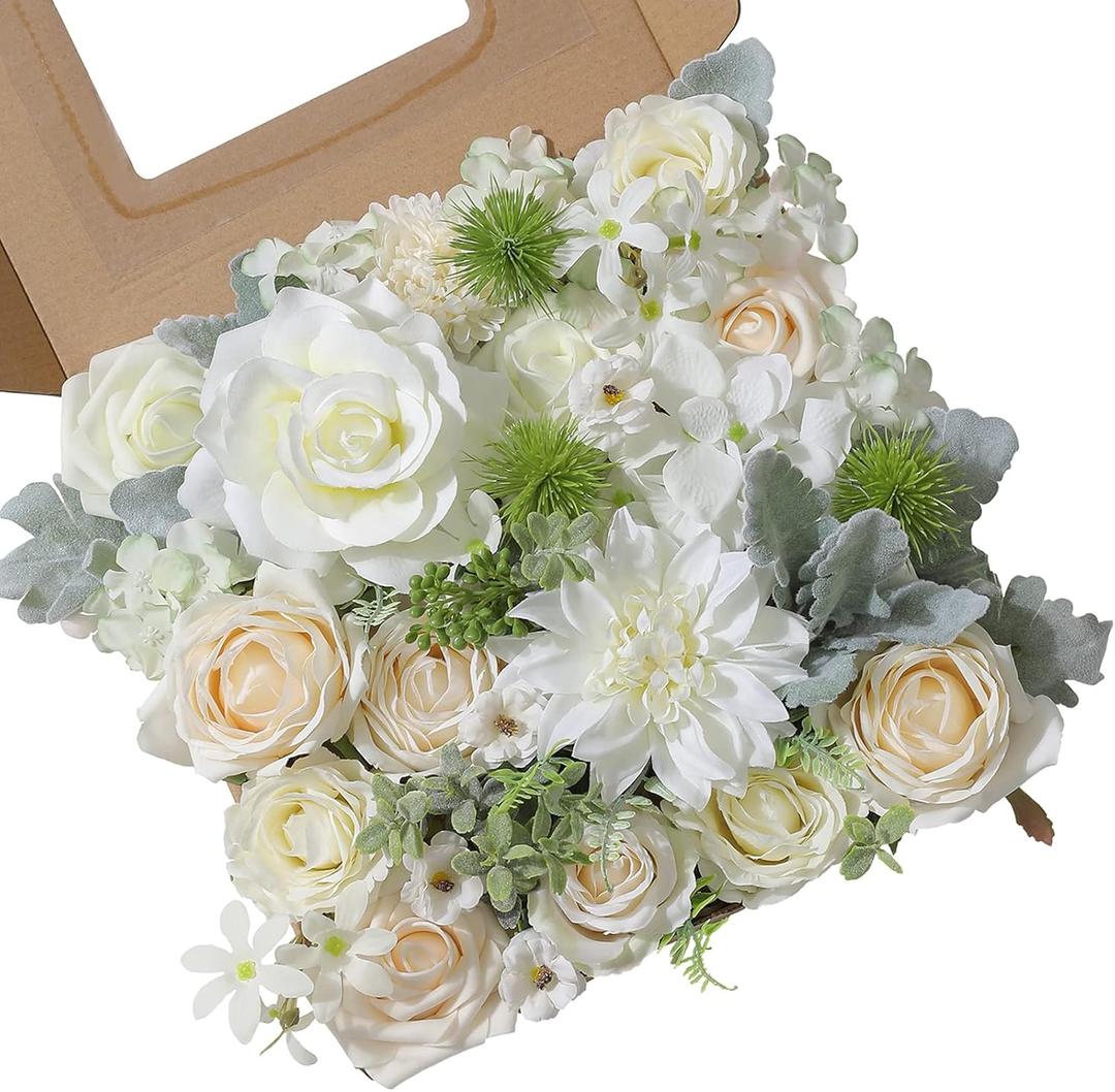 Artificial Flowers Combo Box Set Silk Flowers Fake Rose for DIY Floral Arrangements Wedding Bouquets Centerpieces Baby Shower Party Home Decorations White Color