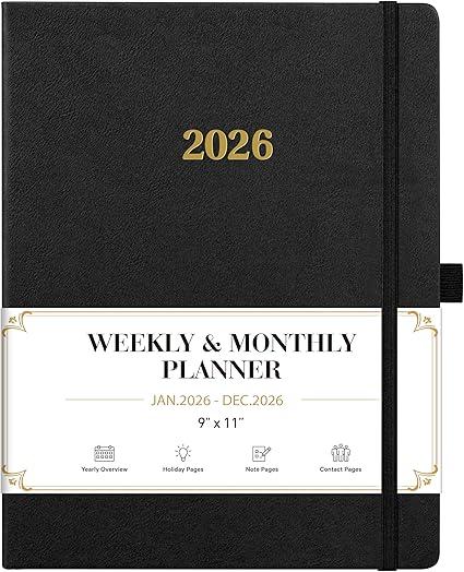 2026 Planner - Weekly and Monthly Planner 2026, Jan.2026 - Dec.2026, 9" x 11", 2026 Calendar Planner with Inner Pocket + Bookmarks+ Leather Hardcover, Black