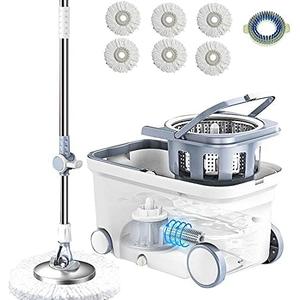 Michao Spin Mop Bucket Deluxe 360 Spinning Floor Cleaning System with 6 Microfiber Replacement Head Refills,62" Extended Handle,4X Wheel for Home Cleaning