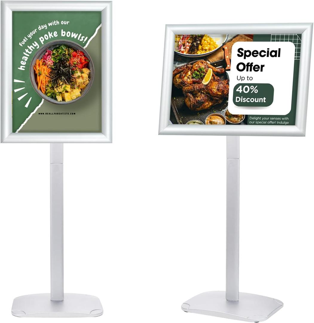 Heavy Duty Pedestal Sign Holder for Display, 11 x 17 inches Adjustable Floor Standing Sign Holder with Weighted Base , Vertical and Horizontal View Sign Stand for Indoor/Outdoor Advertising, Silver
