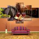 Fu-Keivy Wine Wall Art Decor for Kitchen Dining Room Grapes Fruit Canvas Wine Bottle Pictures 5 Piece Paintings Modern Artwork Decorations Cellar with Barrel and Glass Wooden Framed