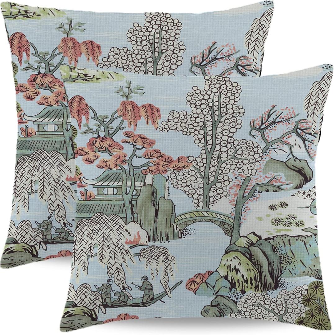 Chinoiserie Pillow Cover 24x24 Inch Set of 2 Asian Scenic Coral Green Blue Throw Pillows Farmhouse Chinoiserie Decorative Pillowcase Linen Cushion Cover for Home Sofa Bedroom Outdoor, 24" x 24" (Pack of 2), Coral