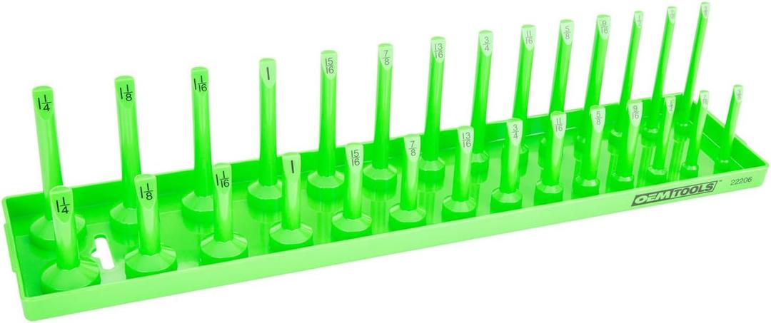 OEMTOOLS 22206 1/2" SAE Socket Tray Organizer, 28 Posts, 14 Sizes, Green Finish