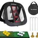 Pop-Up Golf Chipping Net - Ultimate Target Training Chip Aids for Precision & Distance, Outdoor | Indoor Practice, Golfer Gift (1 Black Net+ 2 Mats+ 12 Balls + 6 Greeting Cards)