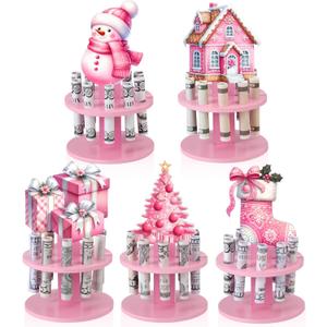 5 Pcs Christmas Money Holder Ornaments with 10 Holes for Cash Gift Wooden Cake Money Holder Pink Xmas Hanging Santa Claus Ornament for Holiday Party Tree Home Decorations