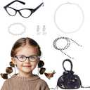 6Pcs Old Lady Grandma Costume Kit - Granny Glasses, Eyeglasses Chain, Handbag, Necklace, Bracelet, Ear Clips