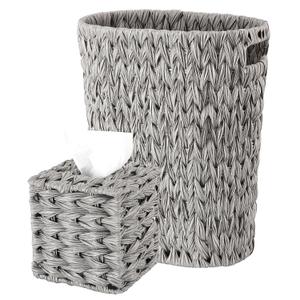 BSSN Wicker Trash Can and Square Tissue Box Cover, 4 Gallon Water Hyacinth Bathroom Trash Can, Handwoven Napkin Holder, Narrow Small Waste Basket, Rustic Decorative Home Set for Bedroom,Office (Grey)