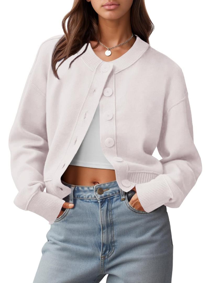 Womens Cropped Cardigan Sweaters 2026 Casual Button Down Knit Fall Outfits (Beige, L)