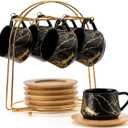 LUKA Ceramic Espresso Cups with Saucers and Metal Stand, Small 4 oz Porcelain Demitasse Cups Set of 6, Cute Cappuccino Coffee Cups for Double Espresso, Tea, Marbling Black