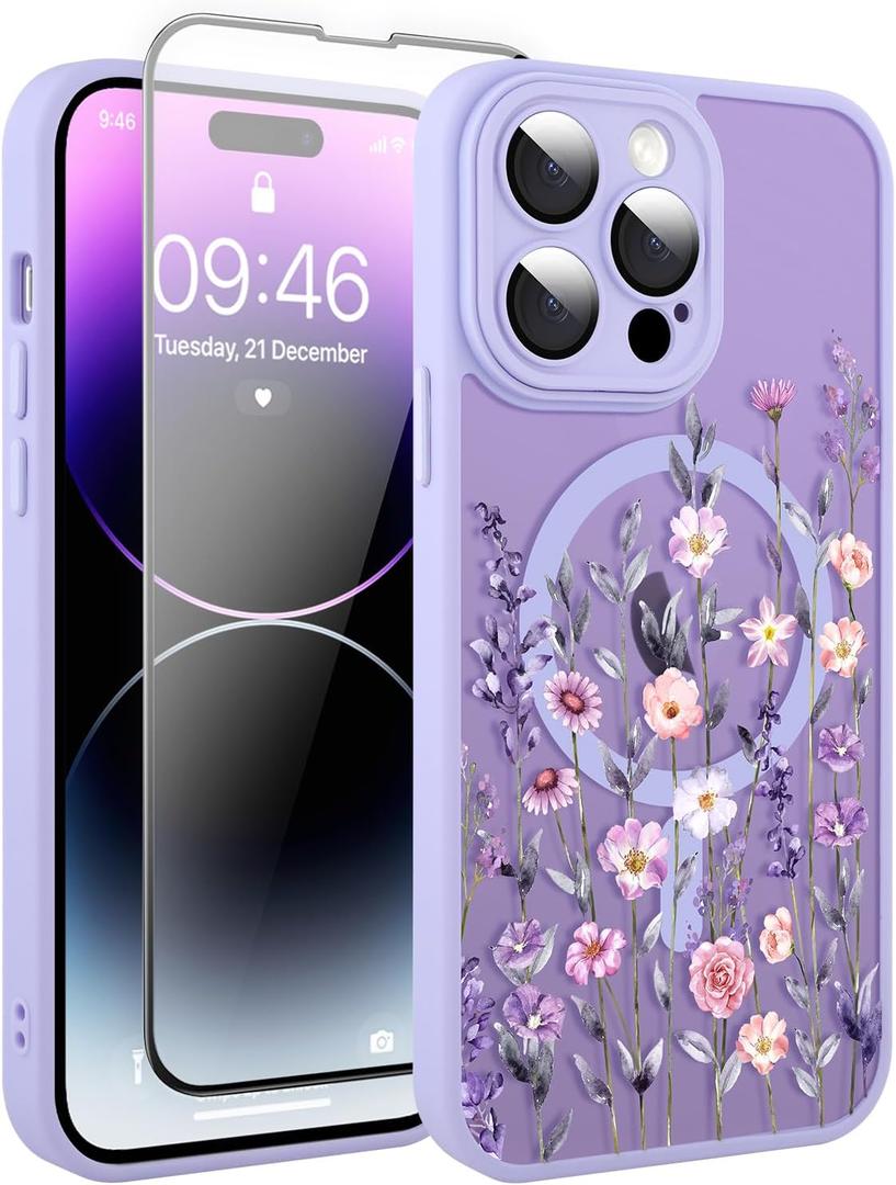 Upgraded Magnetic for iPhone 14 Pro Max Case 6.7" with Screen Protector [Compatible with MagSafe] Pretty Flower Floral Pattern Design, Shockproof Cover for Women Girls, Purple (Purple-updated model)