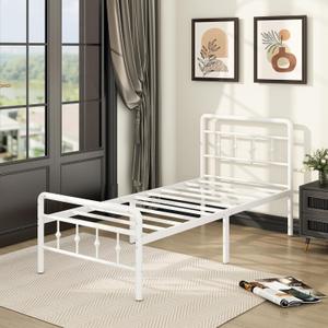 White Size Twin Bed Frame with Headboard and Footboard, 16 Inch No Box Spring Needed Heavy Duty Classic Metal Platform Victorian Style Iron-Art Mattress Foundation