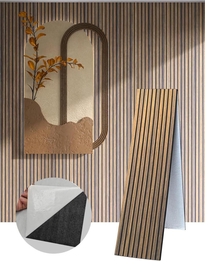 2 Packs 3D Wall Panels Peel and Stick | Wall Panels for Interior Wall Decor | Self Adhesive Sound Absorbing Planks | Acoustic Wood Slat Wall Panels | 94.48 * 11.80in | 0.4" Depth | Dark Walnut