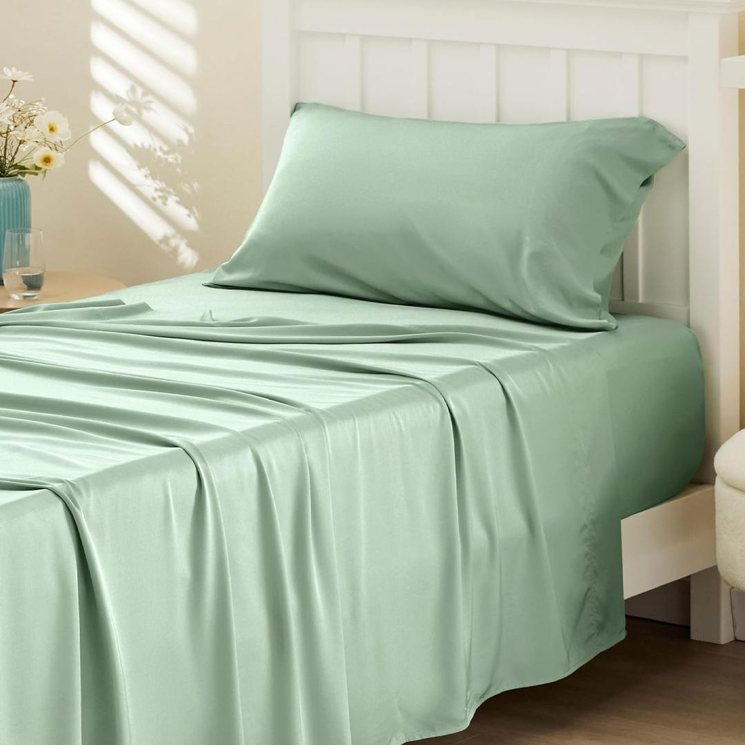 Bedsure Cooling Sheets Twin XL, Rayon Derived from Bamboo, PureWoven, Breathable & Soft Twin XL Sheet Sets, Deep Pocket Up to 16 Inches, Hotel Luxury Silky Dorm Bedding for Hot Sleepers, Sage Green