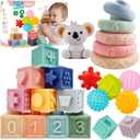 Baby Montessori Sensory Toys for 0-6 6-12 Months, Teething Toys for Babies 0 3 6 9 12 18 Months, Infant, Newborn Rattle Teether, Blocks, Soft Stacking Rings, Ideal Baby Boy Girl Gifts Set