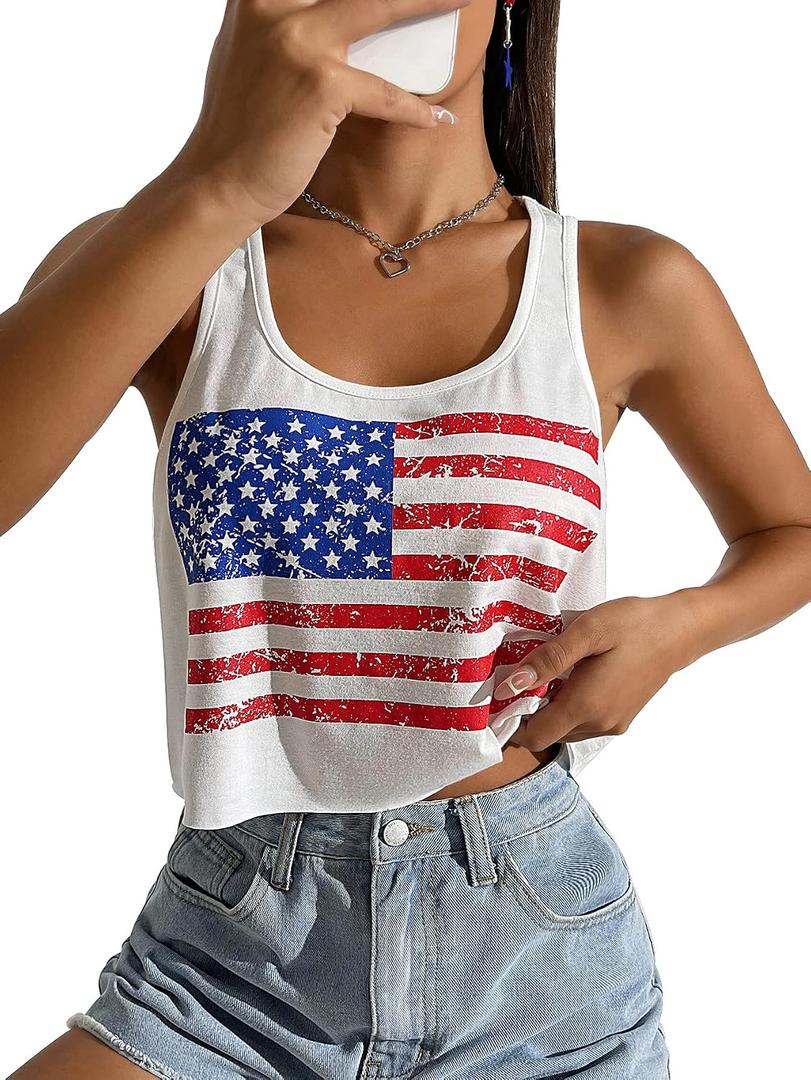Women's 4th of July Outfits USA Shirt Patriotic Tank American Flag Crop Top (L)