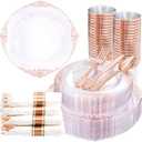 Nervure 350PCS Rose Gold Plastic Plates - Rose Gold Plastic Dinnerware Sets for 50 Guests - 100 Disposable Plates, 150 Silverware, 50 Cups, 50 Napkins for Wedding & Party & Mother's Day