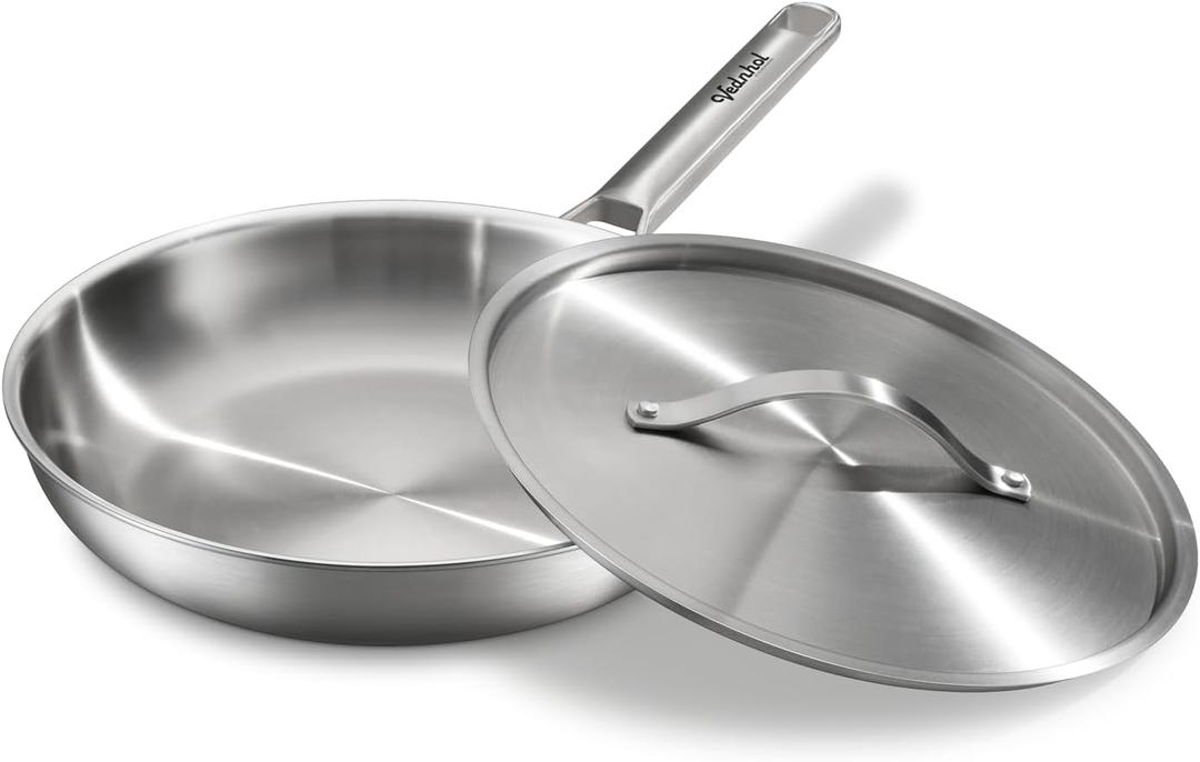 Stainless Steel Frying Pan 12 Inch with Lid, Fully Clad Tri-Ply Stainless Steel Skillet for Even Heating, Brushed Finish, Dishwasher & Oven Safe, Induction & All Stovetops Compatible