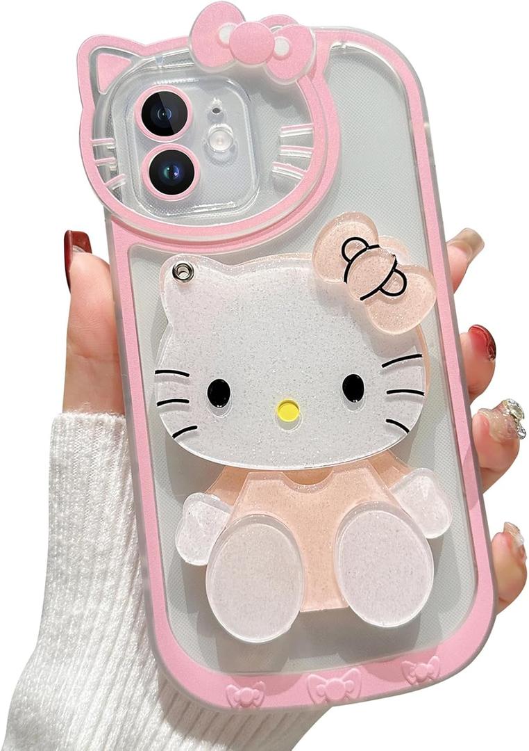 Cute Cartoon Case for iPhone 12 6.1 inch, 3D Bow Kawaii Glitter Cartoon Cat Case with Face Makeup Mirror for Women Girls Soft Silicone Clear Protective Phone Case for iPhone 12, Pink