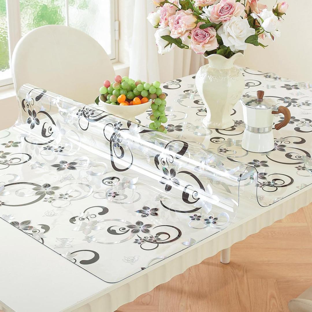 LovePads Floral Table Protector 40 x 66 Inch, 2mm Thick Plastic Table Cover, Waterproof Vinyl Tablecloth Rectangular Desk Protector Mat for Kitchen, Dining Room & Coffee Tabletop (3d Flower)