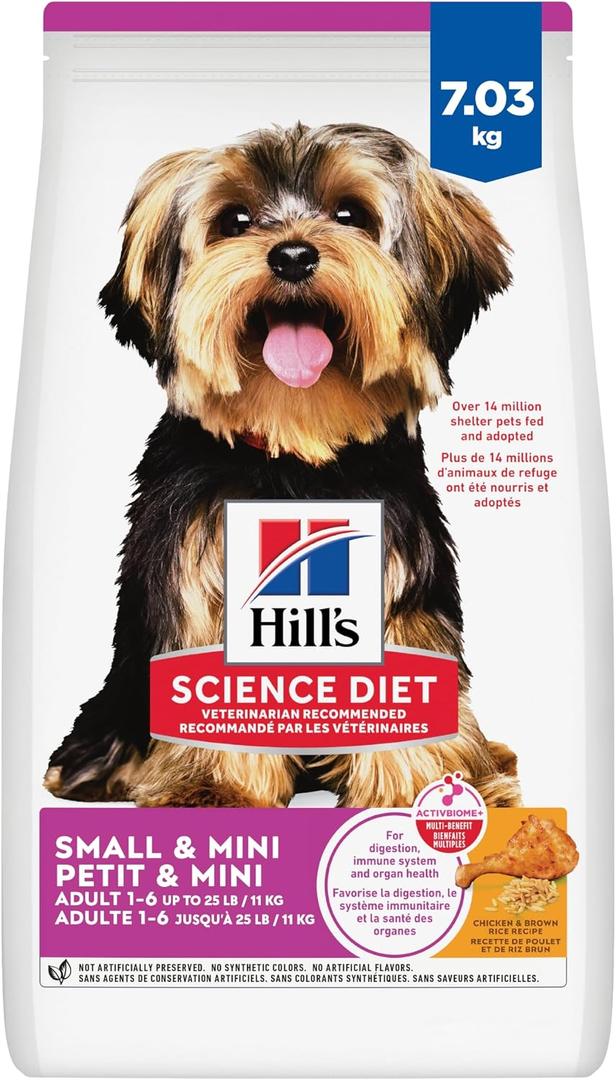 Hill's Science Diet, Small & Mini, Adult 1-6, Dry Dog Food, 7.03kg Hill's is Recommended by 9 out of 10 Canadian veterinarians. Formulated for Long & healthy Lives. Chicken Meal & Rice Recipe, BBD 04/2027