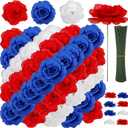 108pcs Roses Head Flowers with Stem - Red Blue & White Artificial Flowers Rose Bulk - Silk Rose Fake Flower Arrangement for Patriotic Memorial Bouquet Grave Centerpieces 4th of July Party Wall Decor