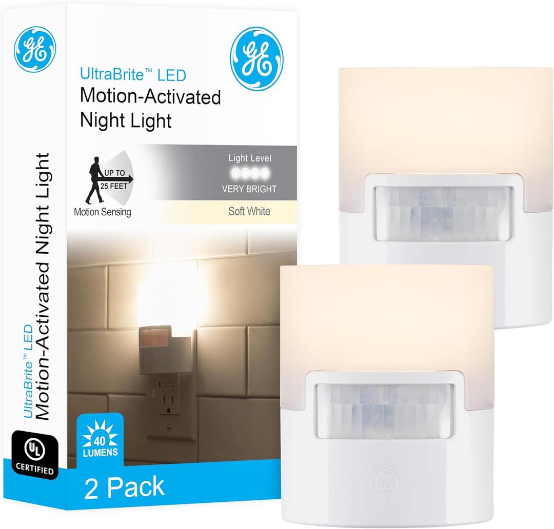 GE LED Motion Sensor Night Light, Plug into wall, 40 Lumens, Soft White, UL-Certified, Energy Efficient, Ideal Nightlight for Bedroom, Bathroom, Kitchen, Hallway, 46632, White, 1 Pack