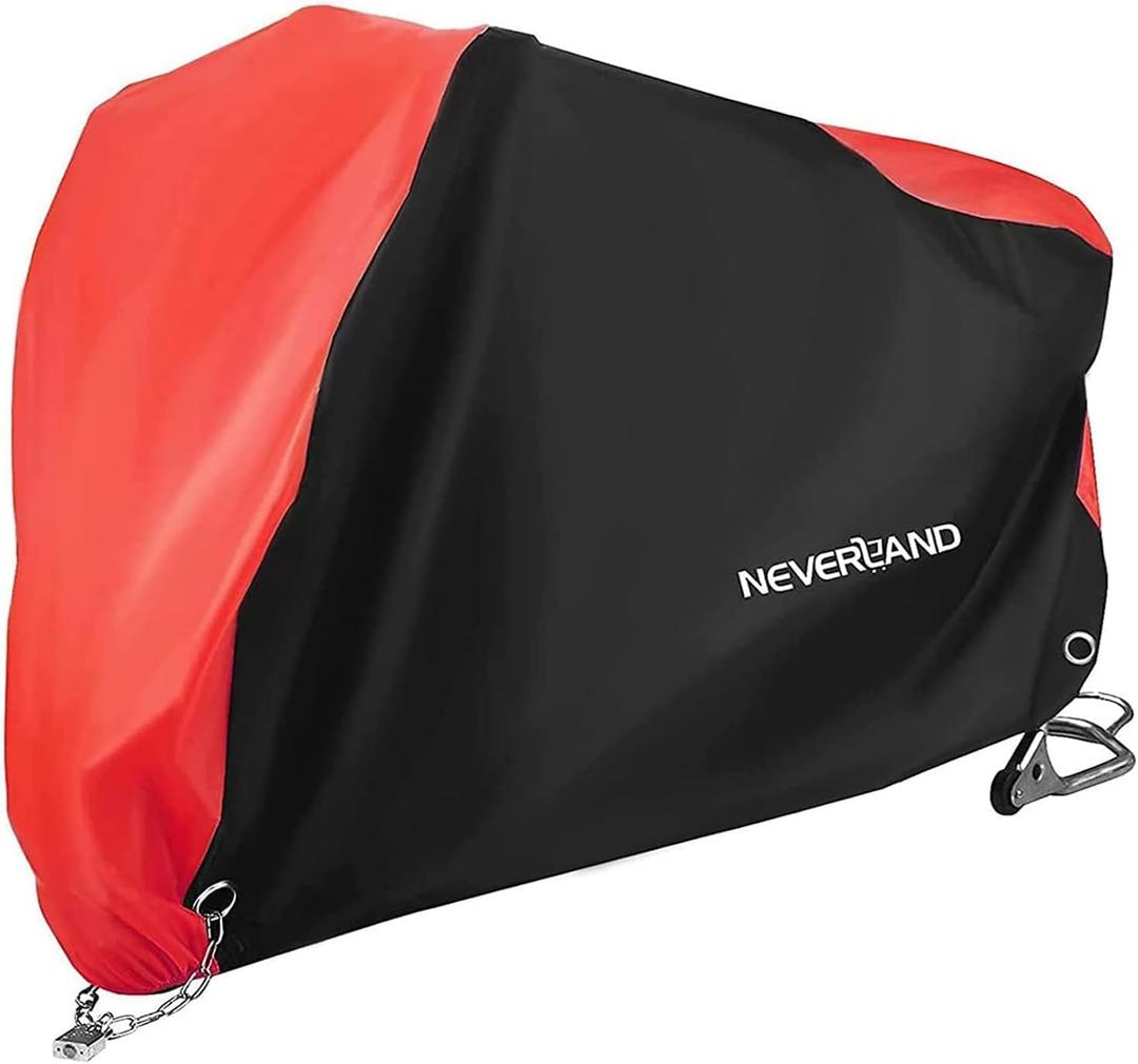 NEVERLAND Motorcycle Cover Waterproof Outdoor - Motorbike Scooter Covers Heavy Duty Medium with Lock-Holes, Bandage, Storage Bag Compatible with Harley Davidson Kawasaki Yamaha Honda Grom (Up to 86) (Red)