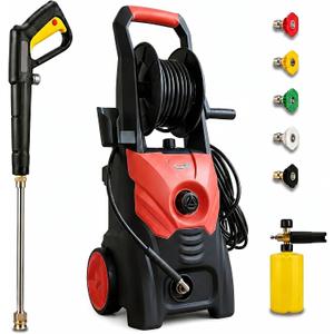 3000 PSI Electric Pressure Washer, 2.3 Max GPM, 1625W, Orange Red | Comes with hose reel & 36ft cord, leak-proof design, 5 nozzles and foam pot to clean cars, fences and courtyards