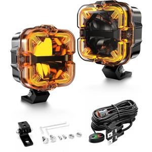 4 Inch LED Pods Off Road Lights, 90W 12000LM Amber Fog Lights with X DRL & Wiring Harness, IP67 Waterproof Spot Flood Combo for Trucks SUV ATV UTV - 2PCS