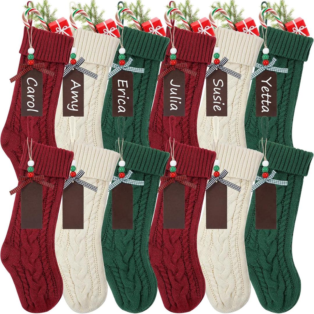 KaKaPops Christmas Stockings, 18 Inches Christmas Stocking with Name Tags Cable Knitted Stocking Decorations for Holiday Party Decor (4pcs Burgundy + 4pcs Green + 4pcs Ivory)
