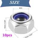 10 x M10x1.5mm Nylon Lock Nuts,10pcs 304 Stainless Steel Nylon Insert Hex Lock Nuts for Industrial and Construction Fasteners